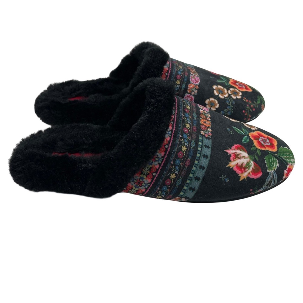 Johnny Was Ardell‎ Floral Slipper Black Faux Fur Trim Boho Mules Shoes Womens 7M